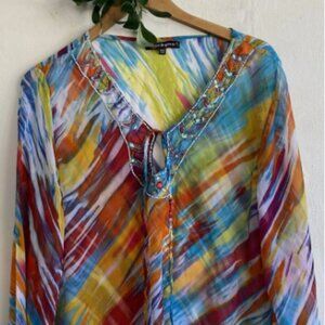 Just be Gauze Sheer Top Swimsuit Cover-Up Beaded Sequins One Size Watercolor LS